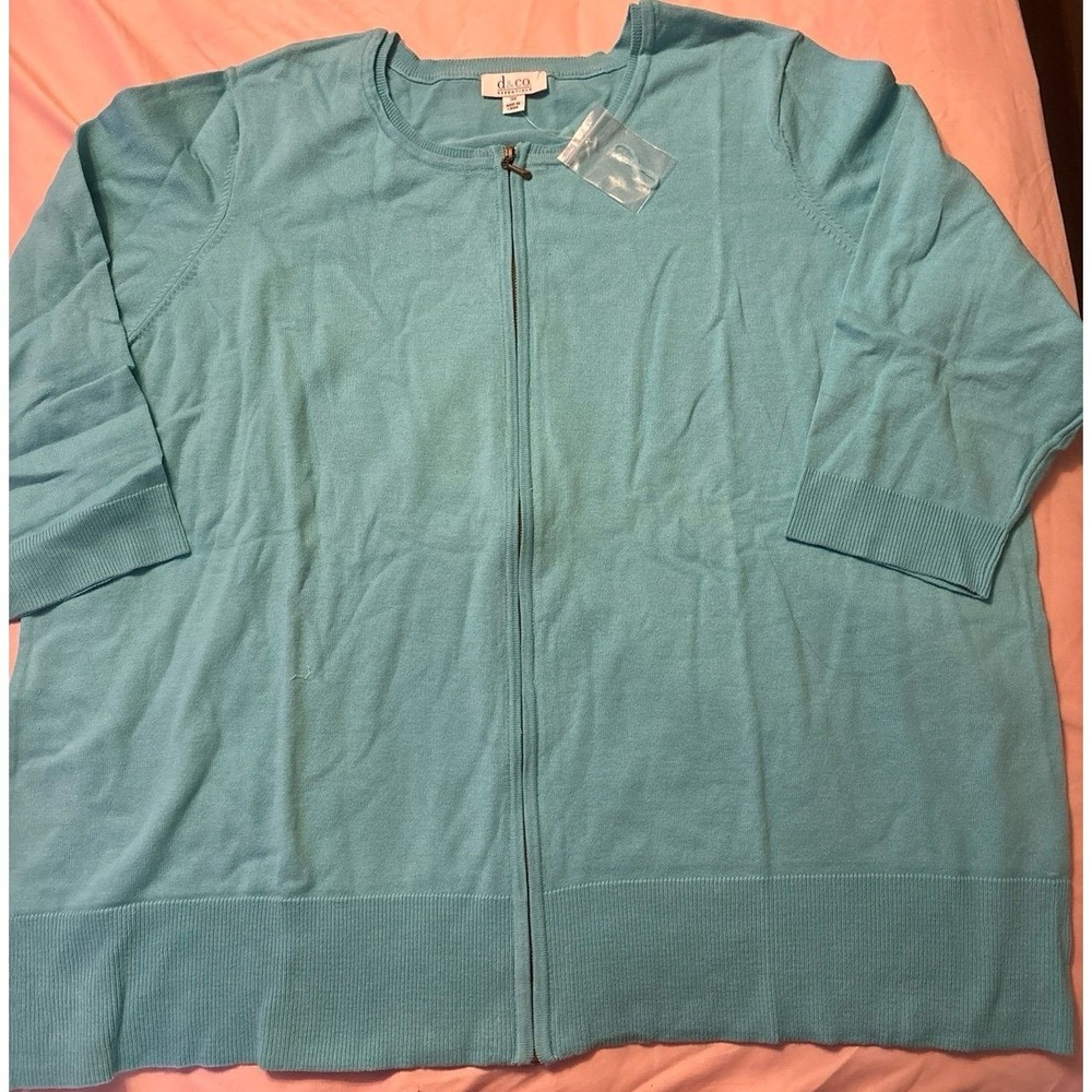 NEW D&Co. Essentials Plus‎ Size 3/4 Sleeve Full Zip Cardigan in Pool Blue, 3X